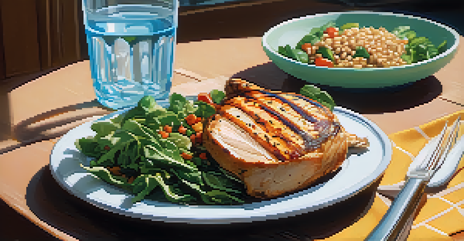A nutritious meal with greens, lean protein, and whole grains on a dining table, emphasizing healthy eating for better sleep.