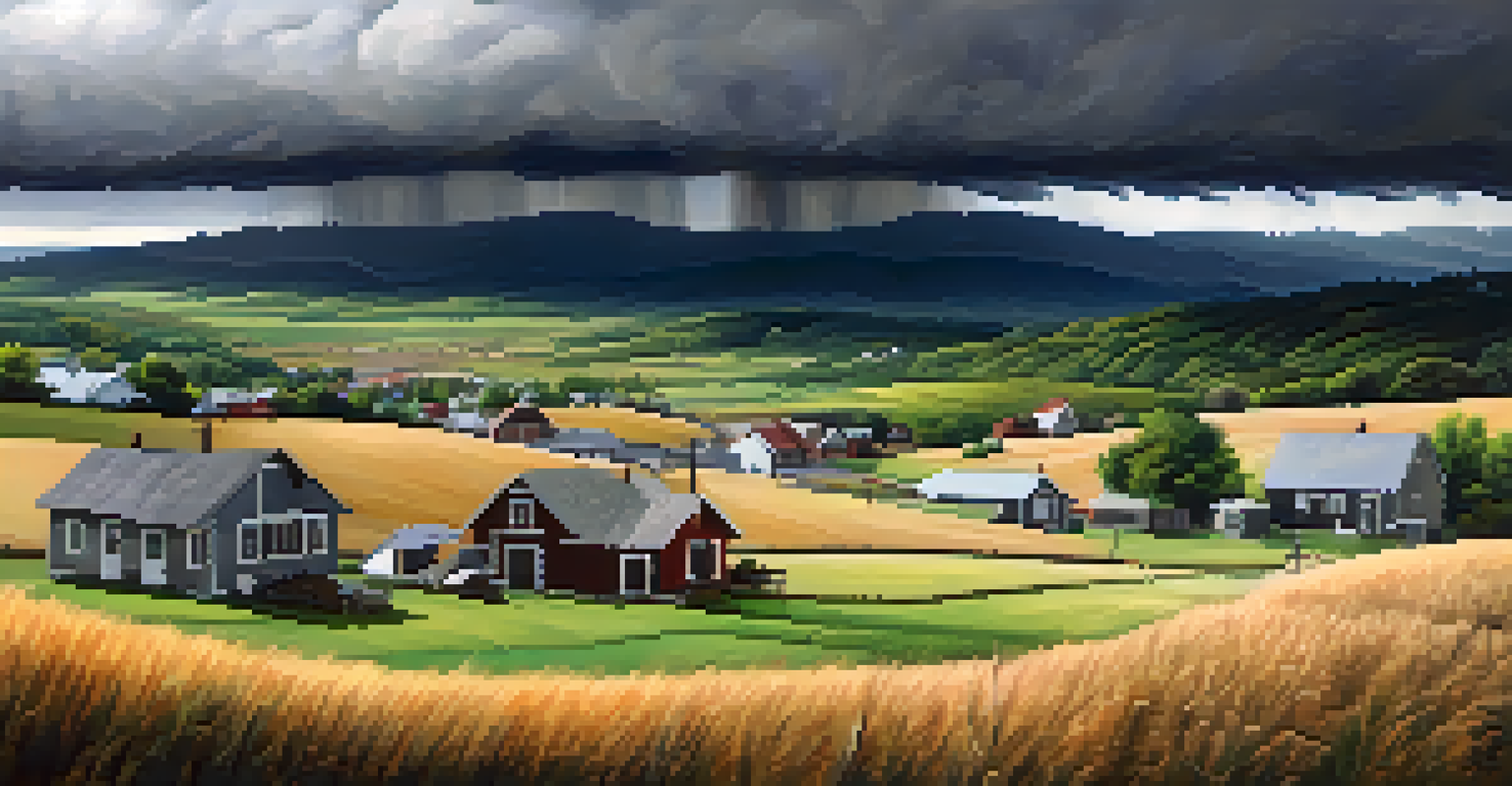 A rural village scene with modest homes and rolling hills under a cloudy sky, illustrating the challenges of emergency preparedness in rural areas.