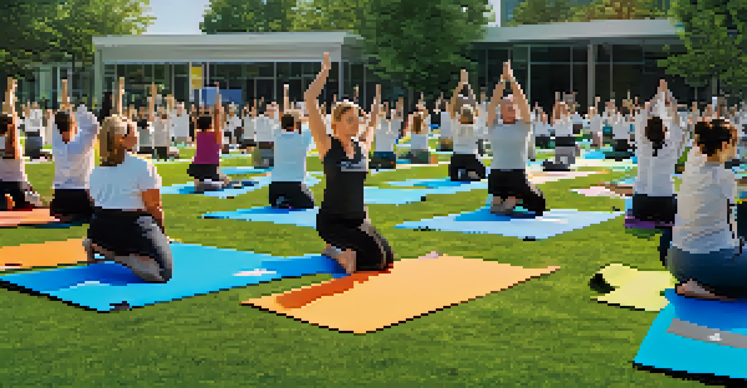 Employees engaging in a yoga class outdoors, surrounded by banners promoting sleep hygiene and wellness.