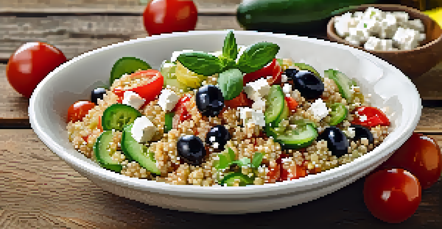 A close-up of a colorful Mediterranean grain bowl with fresh ingredients and olive oil.