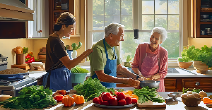 An elderly couple cooking together in a bright kitchen filled with fresh vegetables and grains, showcasing the joy of culinary medicine.