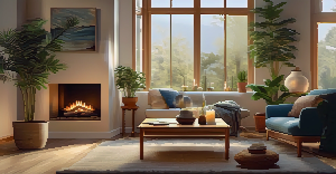 A cozy home interior featuring a diffuser, warm lighting, and natural decor, promoting relaxation and wellness.
