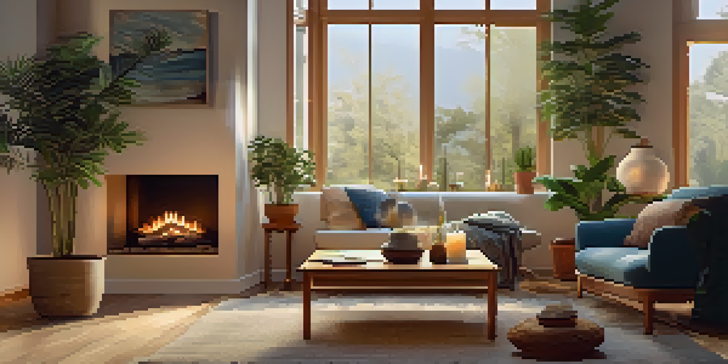 A cozy home interior featuring a diffuser, warm lighting, and natural decor, promoting relaxation and wellness.