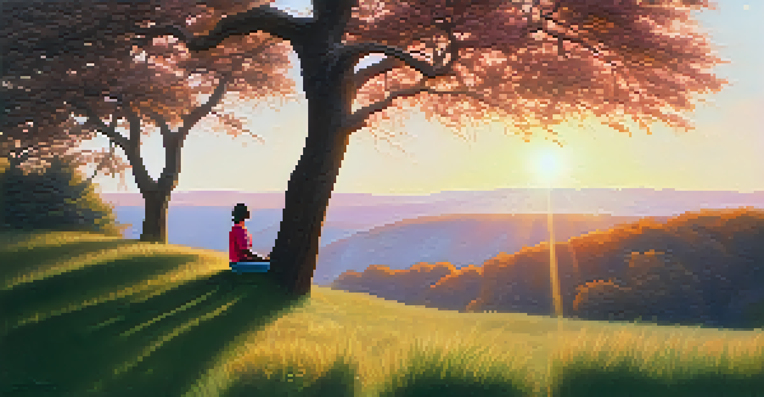 A person meditating on a hilltop during sunset, surrounded by lush greenery and a colorful sky.