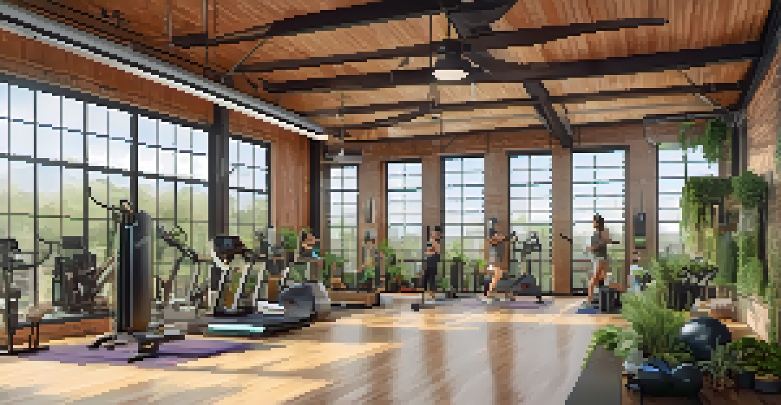 An eco-friendly fitness studio with natural light, recycled equipment, and individuals participating in a class.