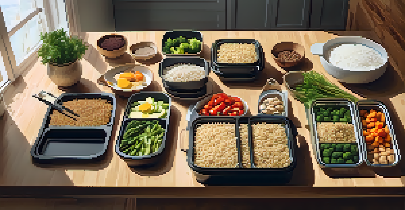 An organized meal prep setup with containers of whole foods like brown rice and vegetables on a wooden countertop, alongside measuring spoons and a notebook.