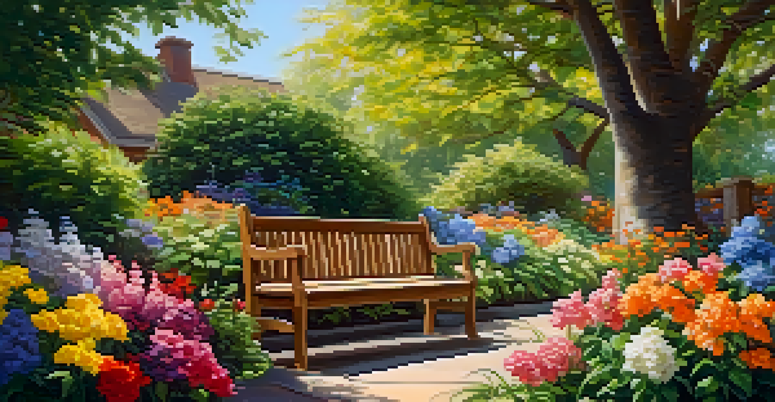A colorful garden with blooming flowers and a wooden bench, illuminated by soft sunlight creating dappled shadows.