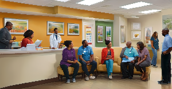 A community health clinic with a welcoming atmosphere where individuals discuss pain management, surrounded by bright colors and comfortable seating.
