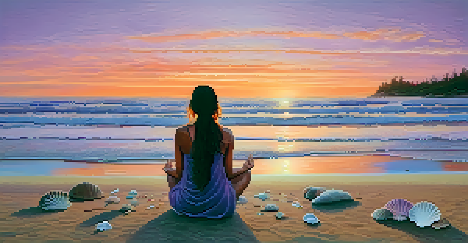 A person meditating on a beach at sunset, surrounded by seashells and driftwood, with a colorful sky in the background.