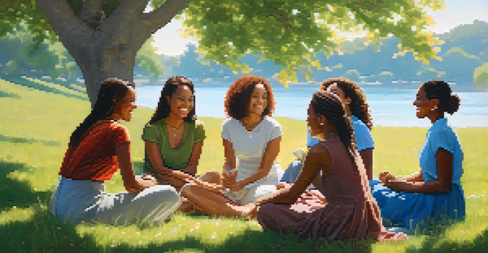 A diverse group of women sitting together in a circle on grass, smiling and sharing stories in a supportive environment.