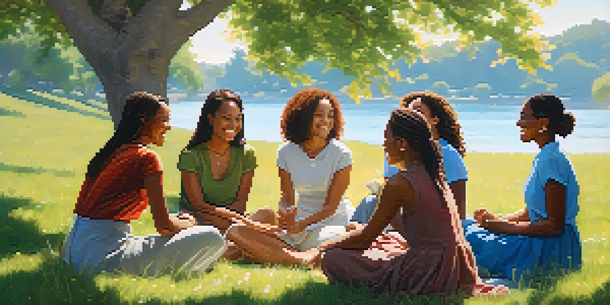 A diverse group of women sitting together in a circle on grass, smiling and sharing stories in a supportive environment.
