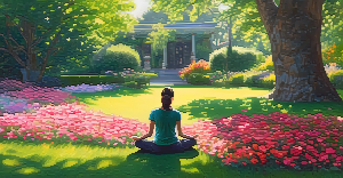 A person meditating in a peaceful garden filled with colorful flowers and trees, illuminated by soft sunlight.