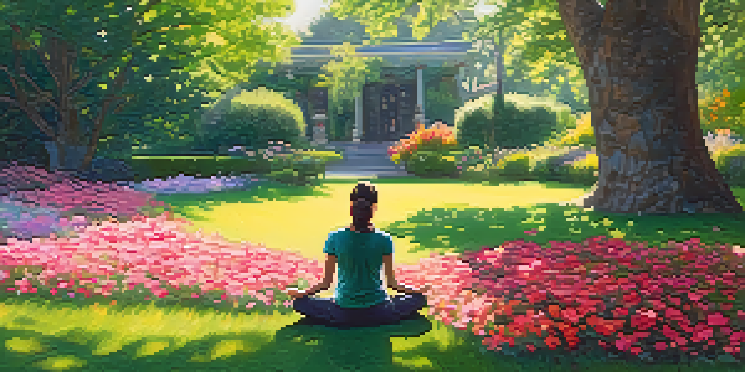 A person meditating in a peaceful garden filled with colorful flowers and trees, illuminated by soft sunlight.