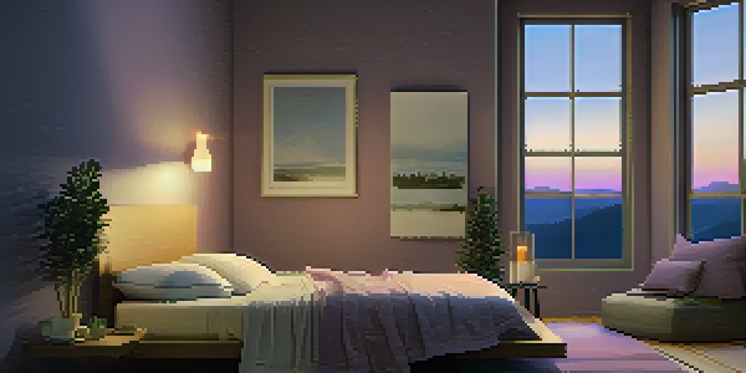 A cozy bedroom at dusk, with a bed, warm lighting, and a twilight sky visible through the window.