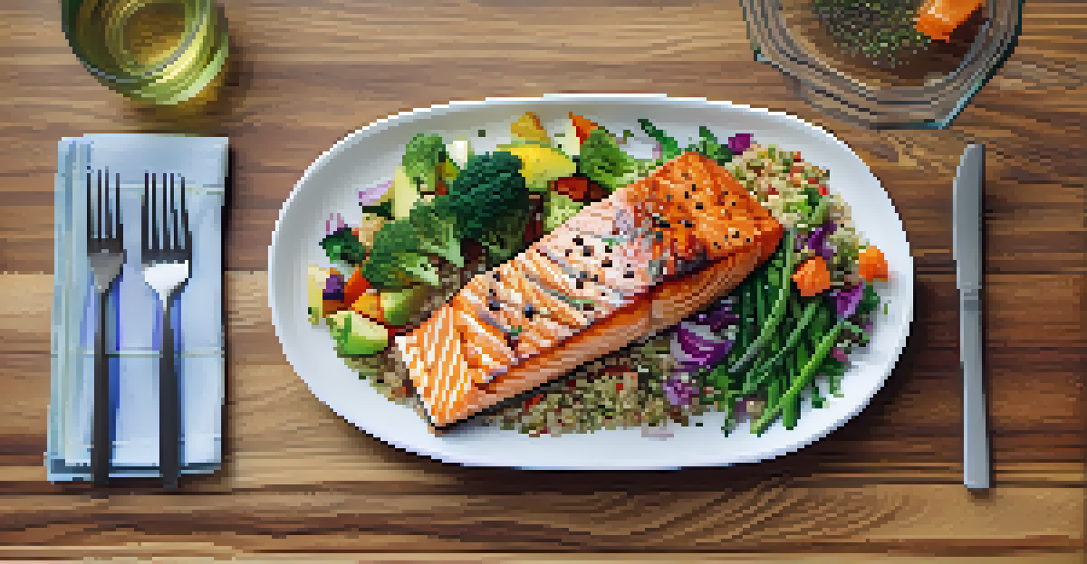 An overhead view of a balanced meal plate with grilled salmon, quinoa, and vegetables, with a glass of water and fruits.