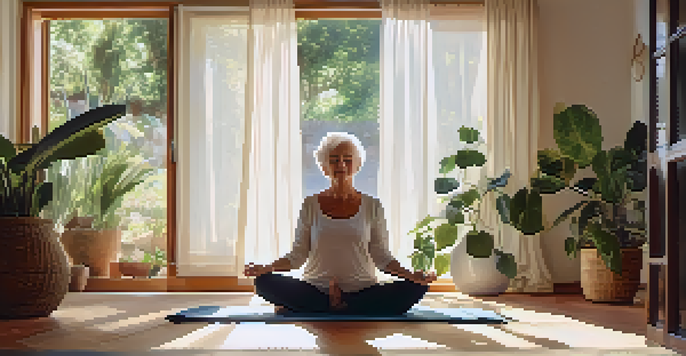 An elderly woman practicing yoga in a sunlit room, surrounded by plants, creating a peaceful atmosphere.