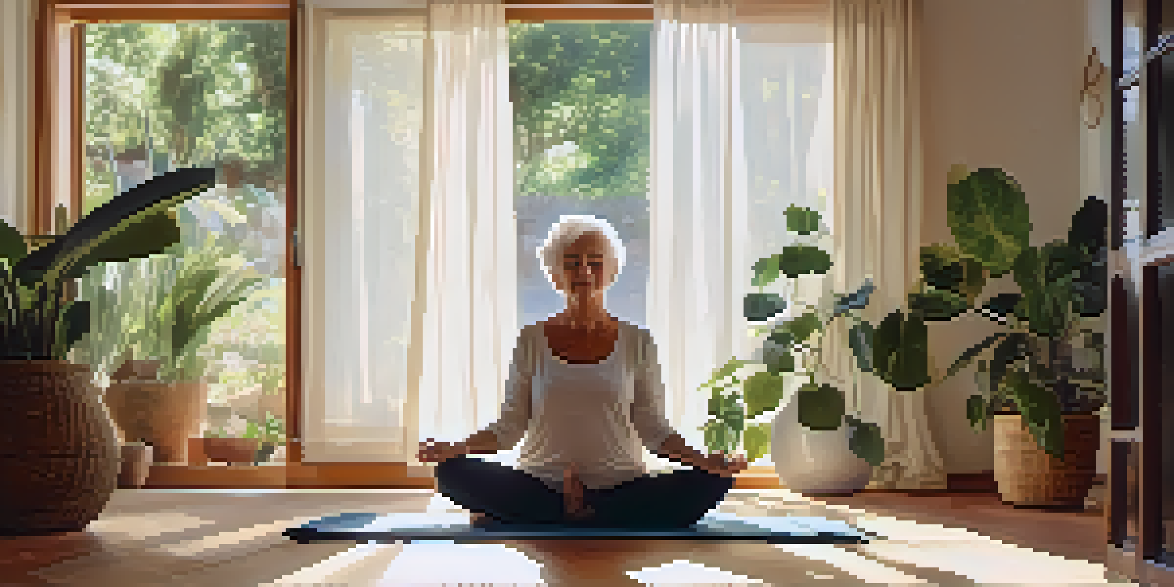 An elderly woman practicing yoga in a sunlit room, surrounded by plants, creating a peaceful atmosphere.