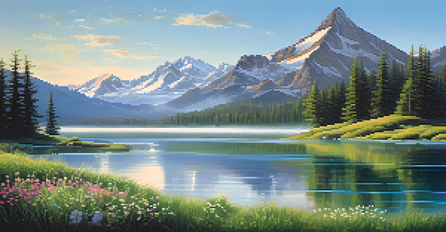 A calm mountain lake at dawn, surrounded by snow-capped mountains, wildflowers, and mist rising from the water.