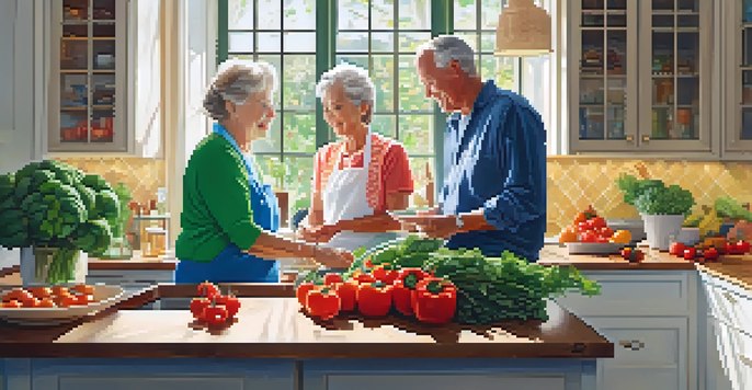 A senior couple happily preparing a healthy meal in their kitchen, surrounded by fresh vegetables and grains.