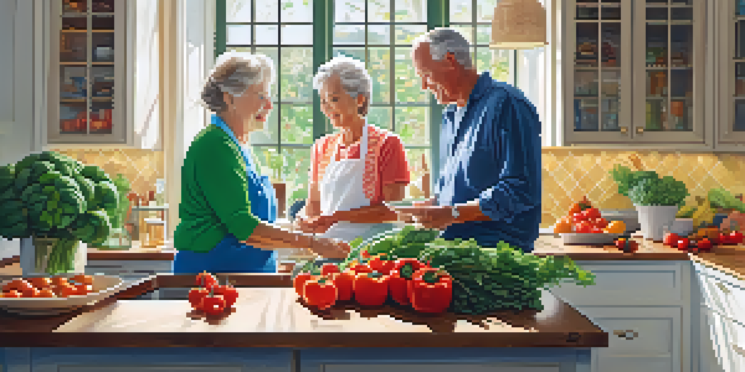 A senior couple happily preparing a healthy meal in their kitchen, surrounded by fresh vegetables and grains.