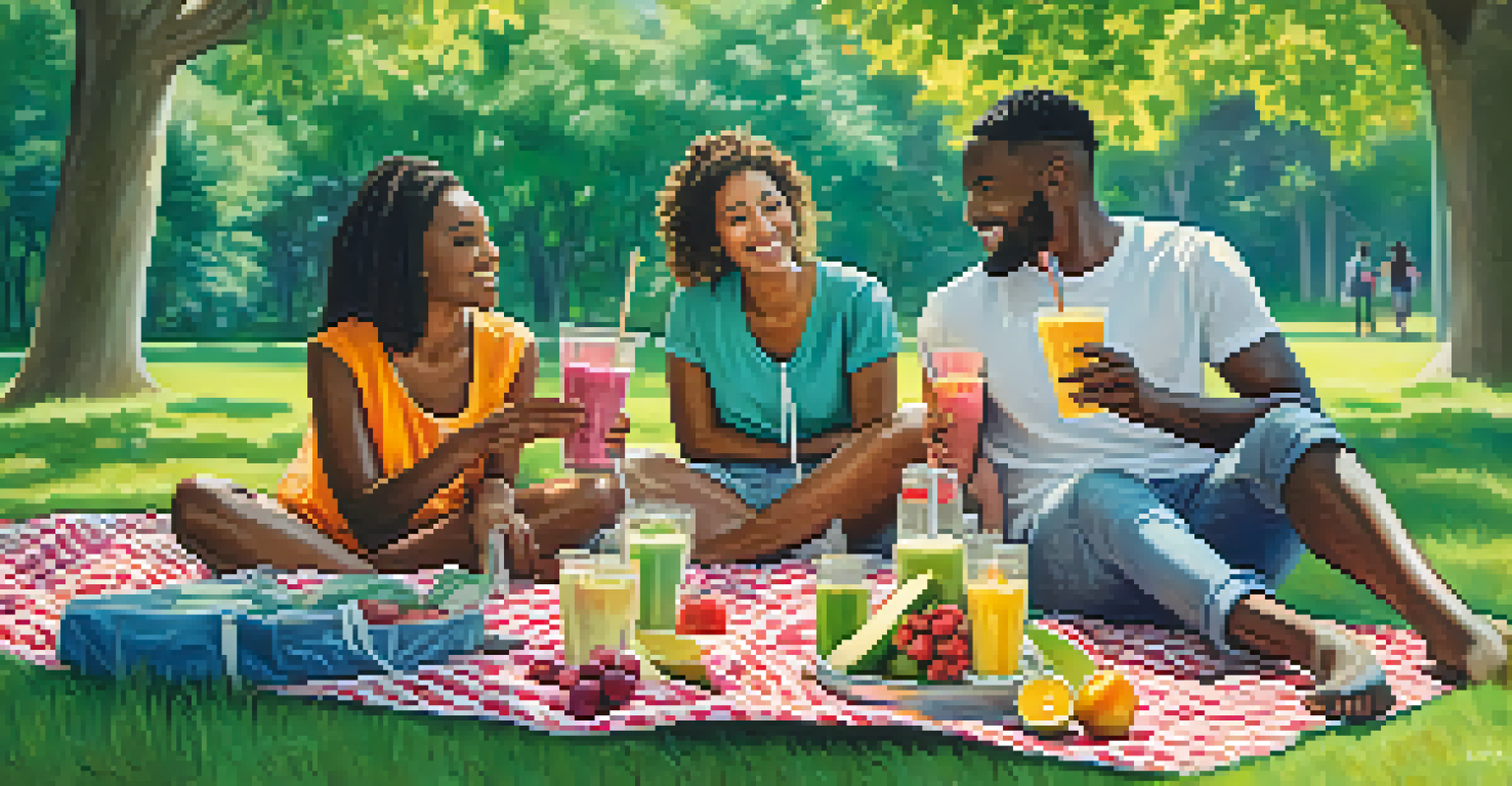 A group of diverse friends enjoying a healthy day outdoors with smoothies and fruits in a park.