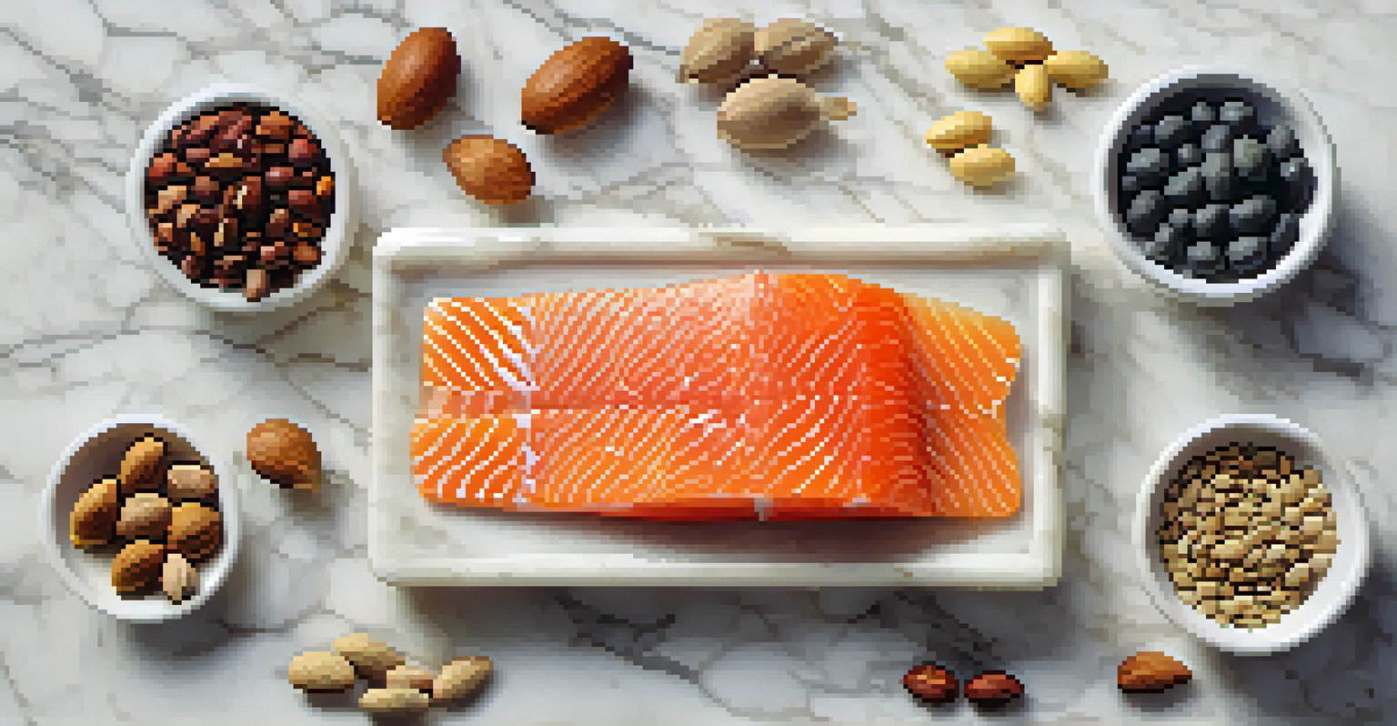 An arrangement of Omega-3 supplements next to fatty fish, nuts, and seeds on a marble countertop.