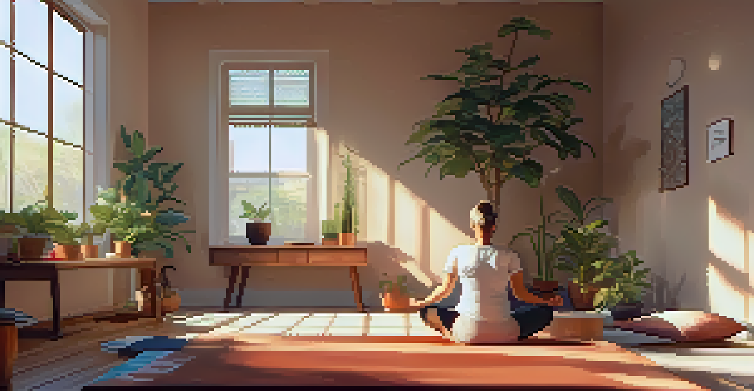 A person practicing yoga in a cozy living room filled with plants and warm colors, with sunlight streaming through the window.