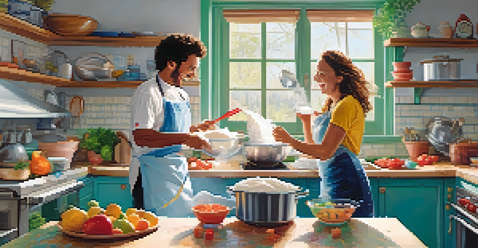 A couple joyfully cooking together in a bright kitchen, playfully tossing flour at each other.