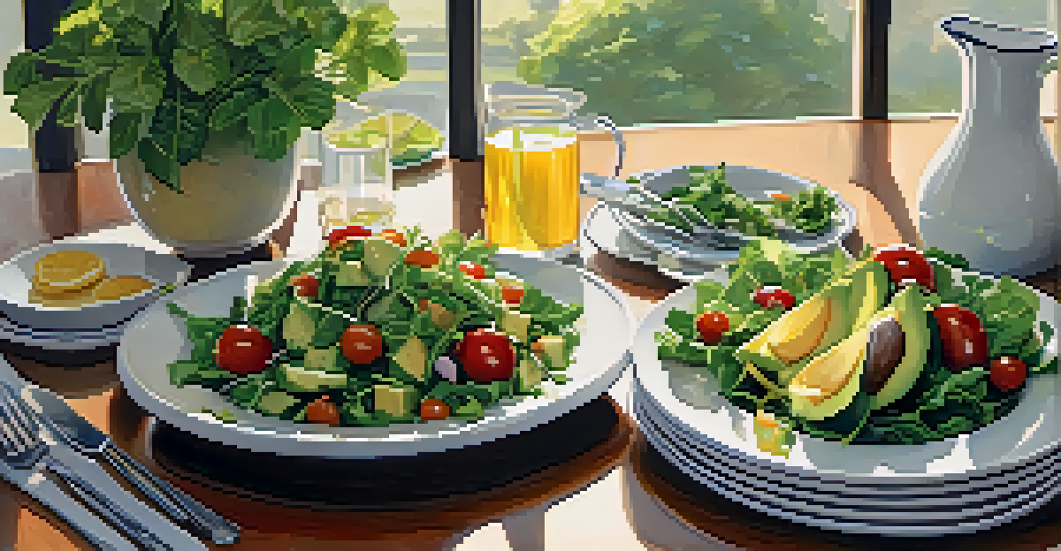 A dining table with a fresh salad, whole-grain bread, and a pitcher of water, in a cozy setting.