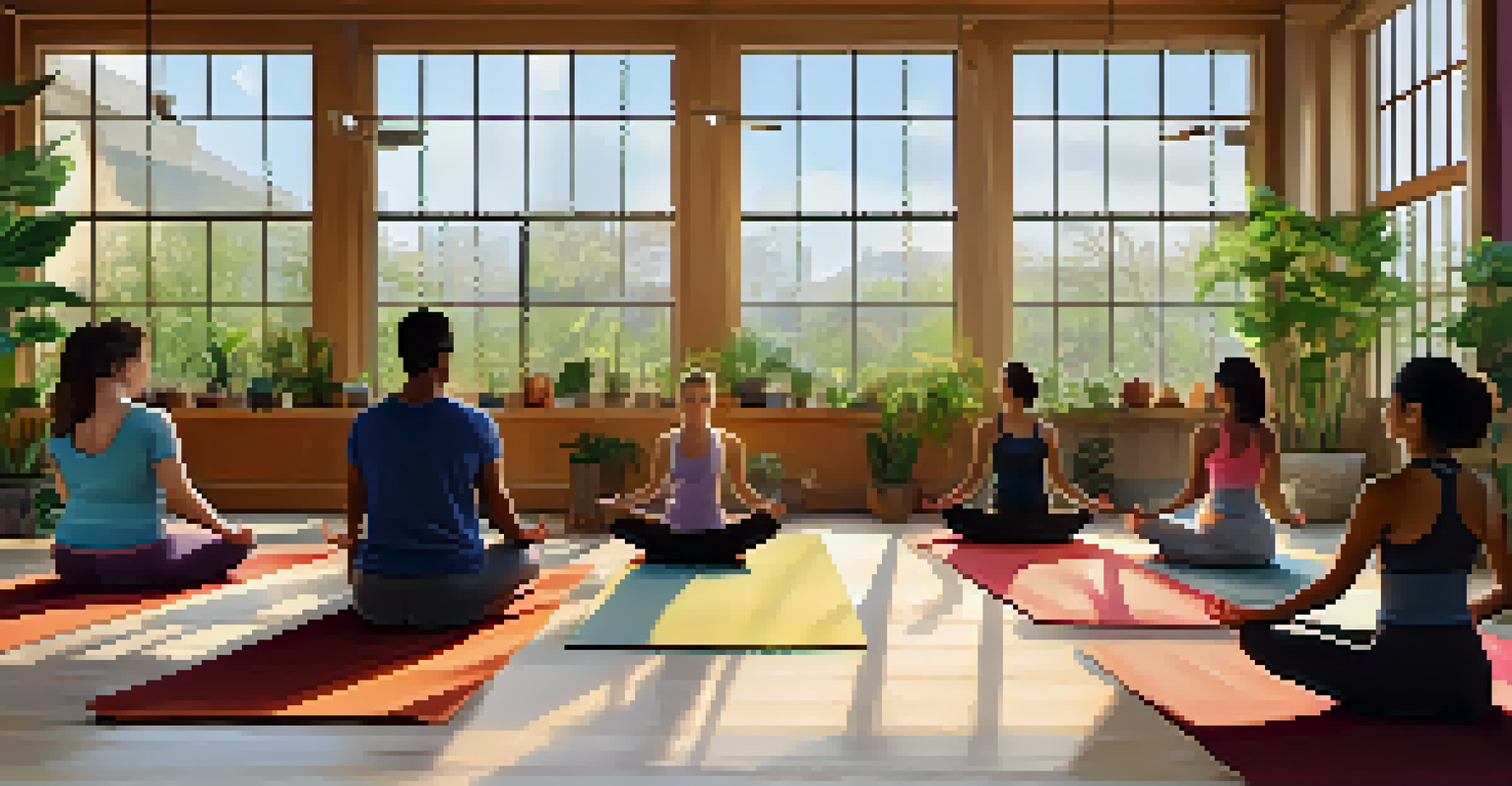 A diverse group of individuals practicing yoga in a bright studio filled with natural light and plants.