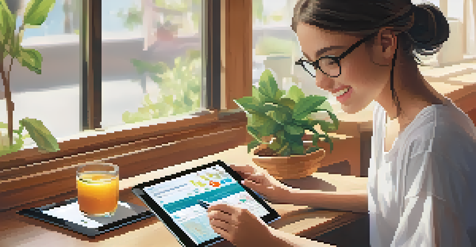A close-up of a teenage girl using a tablet to explore a health app, with vibrant graphics on the screen and a cozy background.