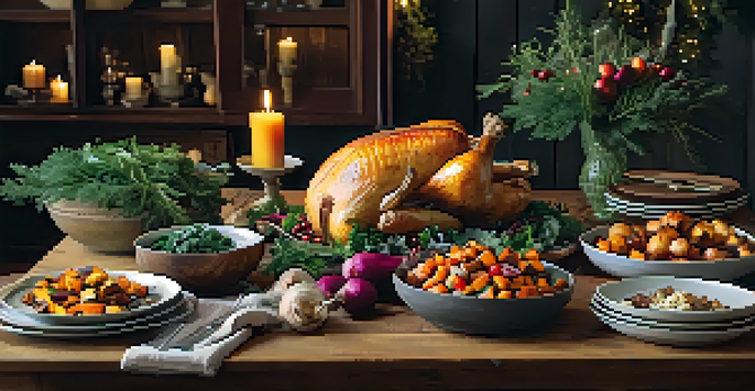 A festive holiday table with colorful seasonal dishes including roasted vegetables and greens, decorated with rustic elements and warm lighting.