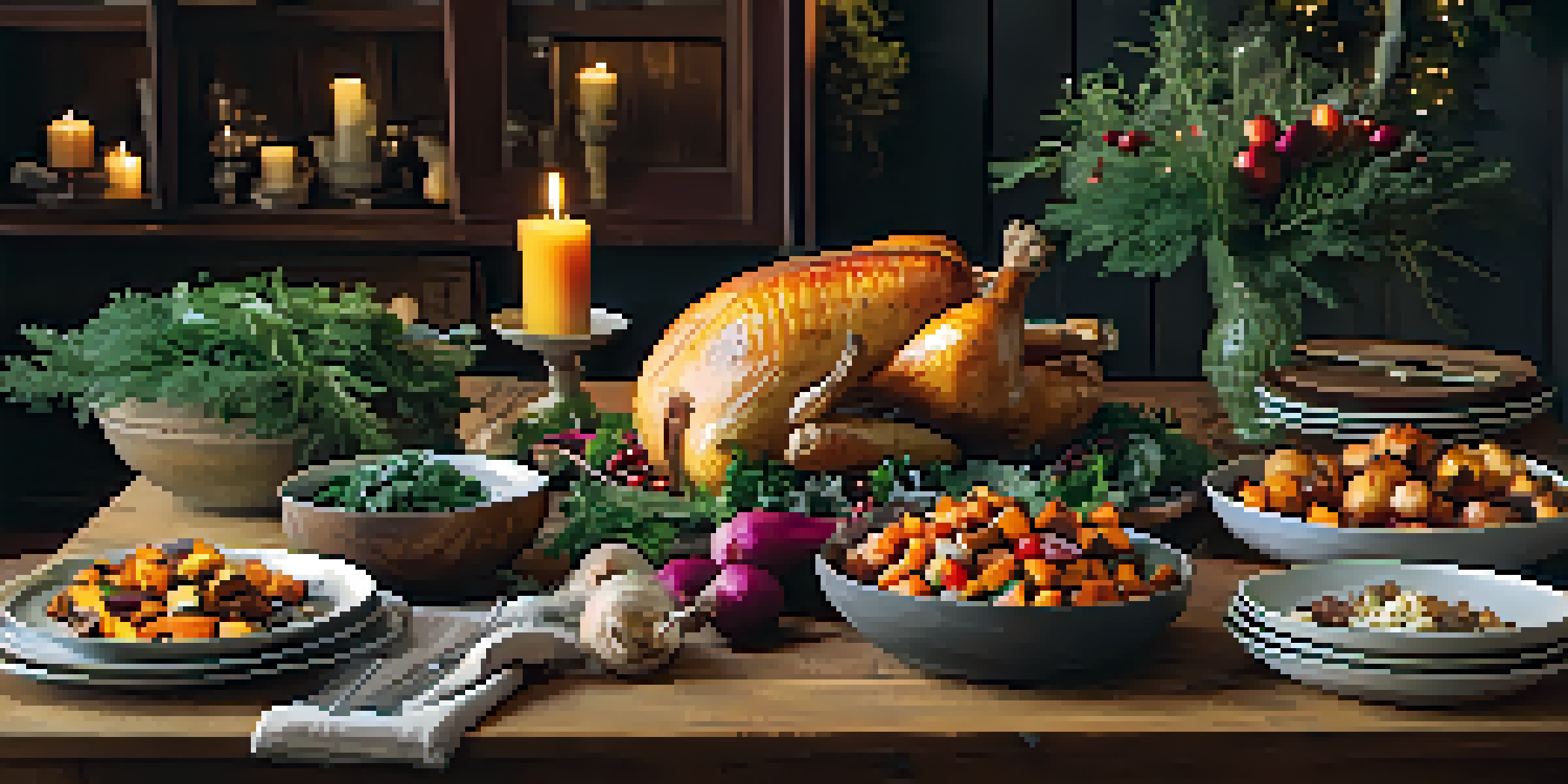 A festive holiday table with colorful seasonal dishes including roasted vegetables and greens, decorated with rustic elements and warm lighting.