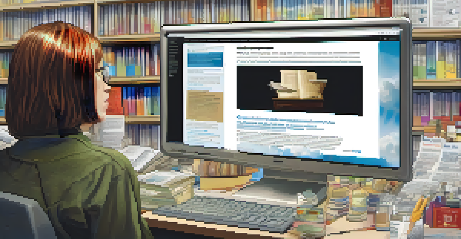A person evaluating health information on a computer screen, surrounded by research materials.
