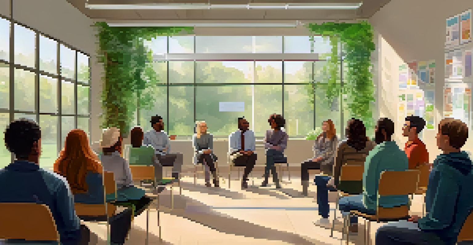 A classroom setting with a diverse group of people listening to a speaker about mental health, with educational posters on the walls.