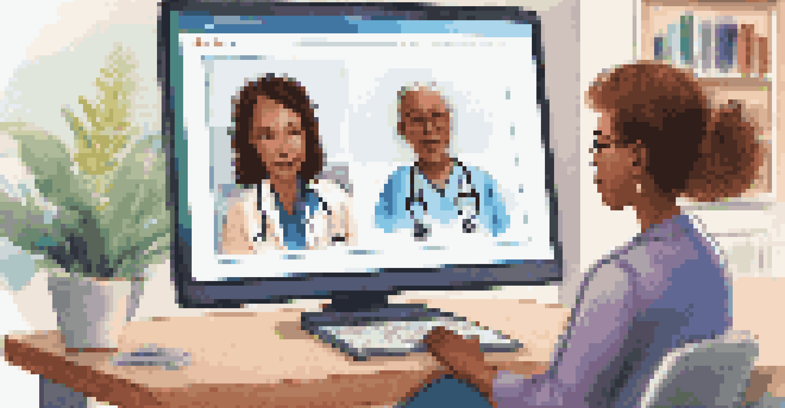 A healthcare professional conducting a virtual consultation with a patient via laptop, surrounded by educational materials in a home office.