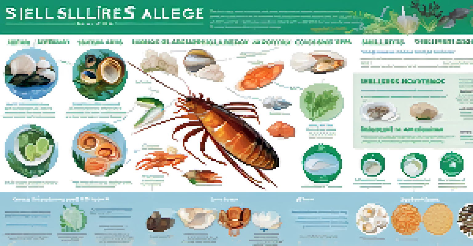 An educational infographic depicting shellfish allergies, symptoms, and prevention tips, with illustrations and clear text.