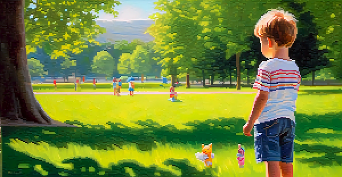 A young child confidently communicating their feelings to a friend in a sunny park, with vibrant greenery and flowers around them.