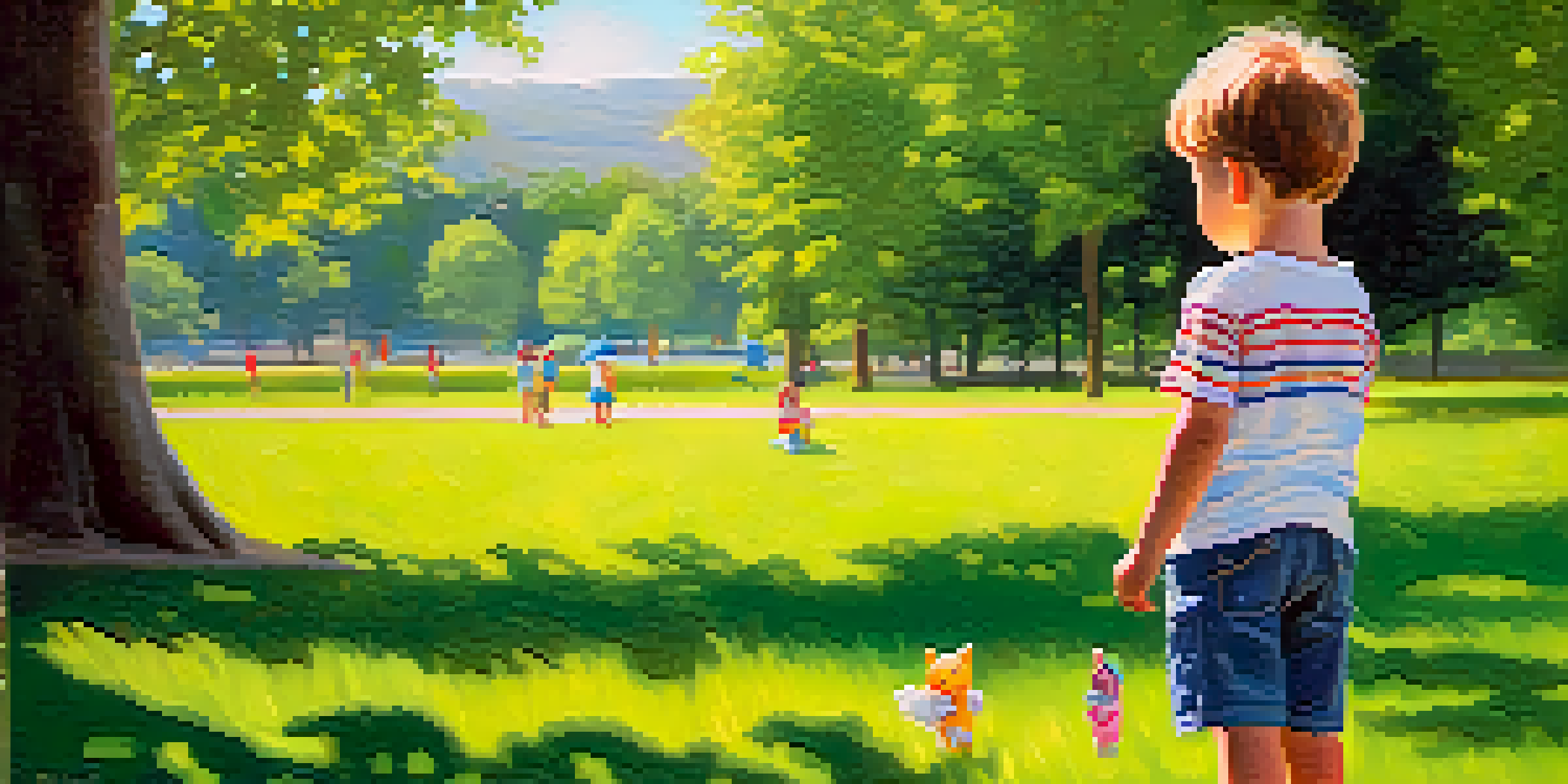 A young child confidently communicating their feelings to a friend in a sunny park, with vibrant greenery and flowers around them.