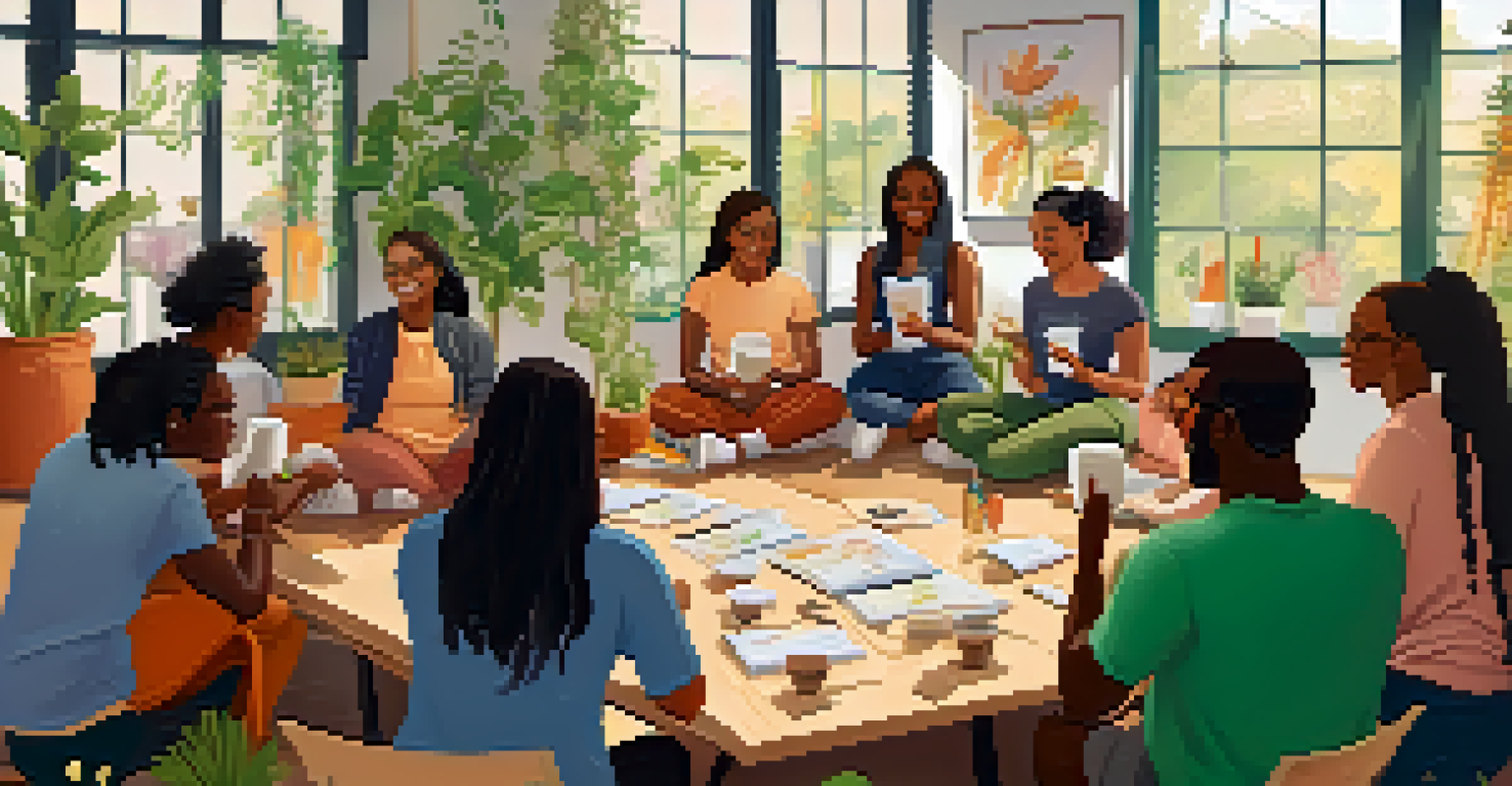 A supportive group of people in a wellness workshop, promoting community and self-compassion.