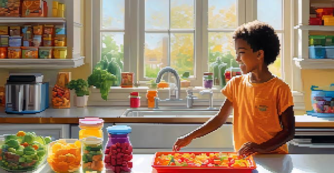 A happy child preparing allergen-free meals in a colorful kitchen, surrounded by fresh fruits and vegetables.
