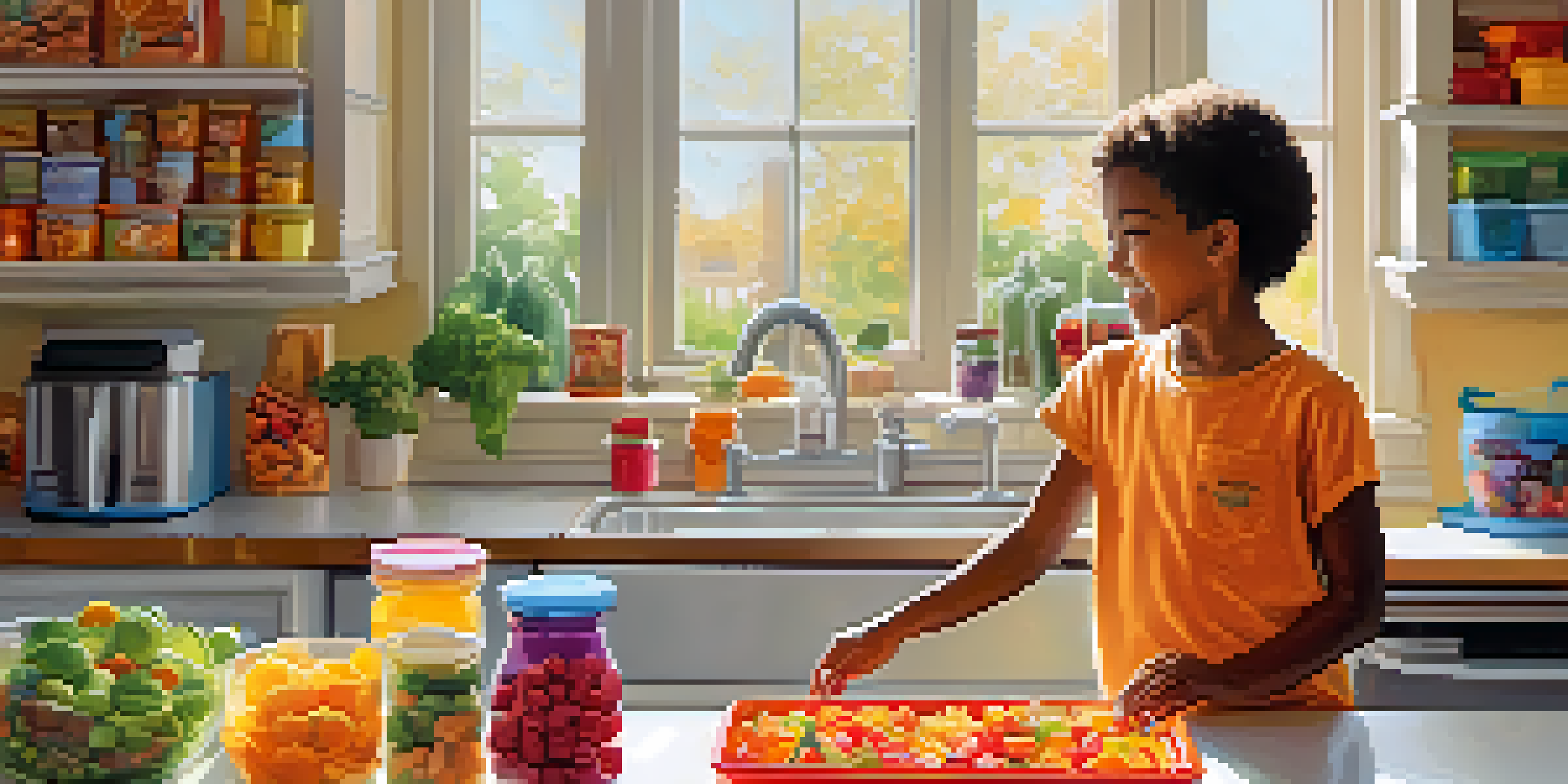 A happy child preparing allergen-free meals in a colorful kitchen, surrounded by fresh fruits and vegetables.