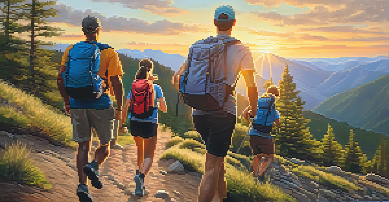 A group of friends hiking up a mountain trail at sunset, smiling and enjoying their outdoor fitness journey together.