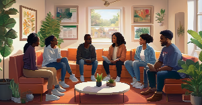 A diverse group of individuals in a cozy room participate in a peer support group, sharing experiences with expressions of empathy.