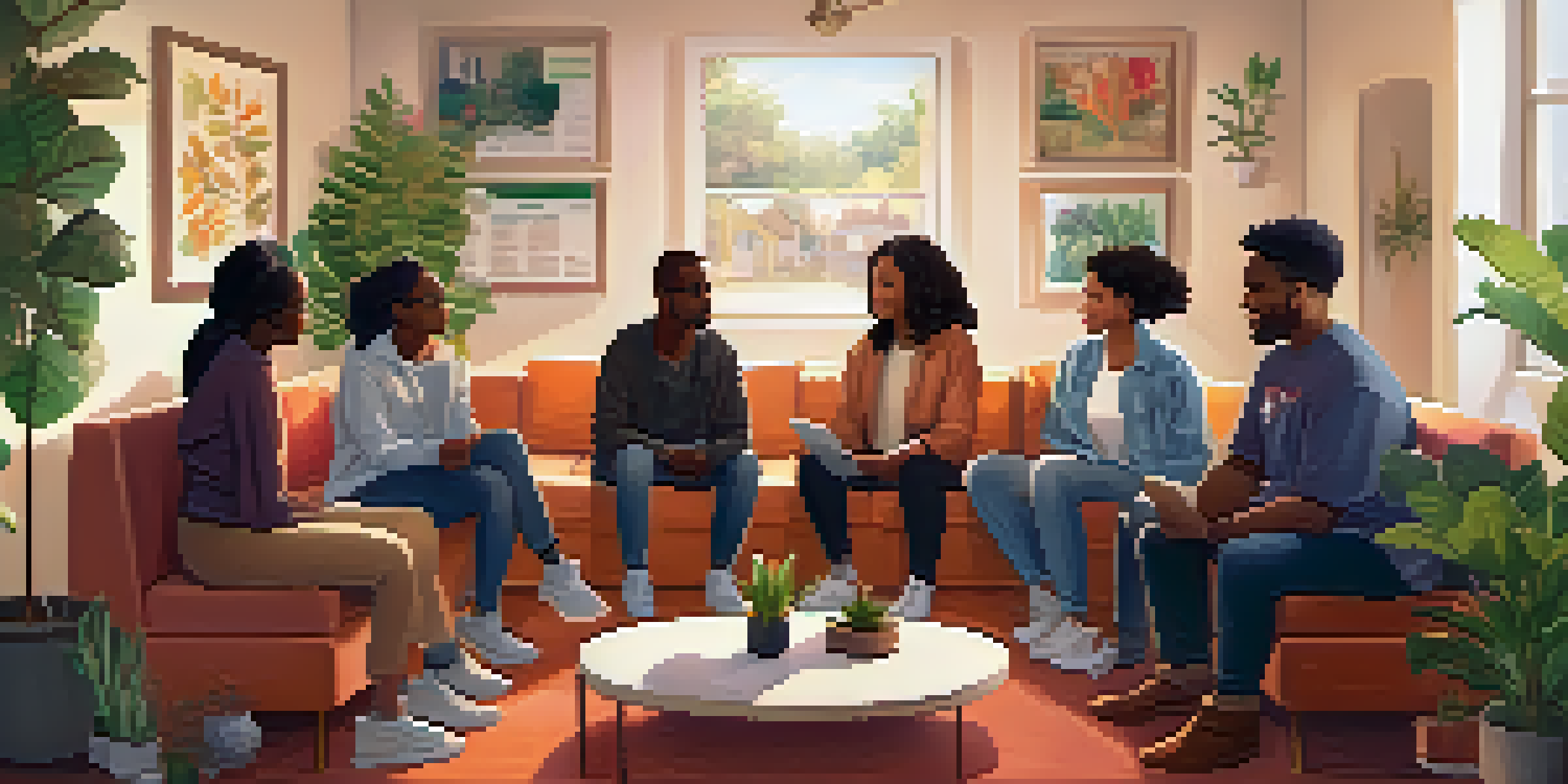 A diverse group of individuals in a cozy room participate in a peer support group, sharing experiences with expressions of empathy.