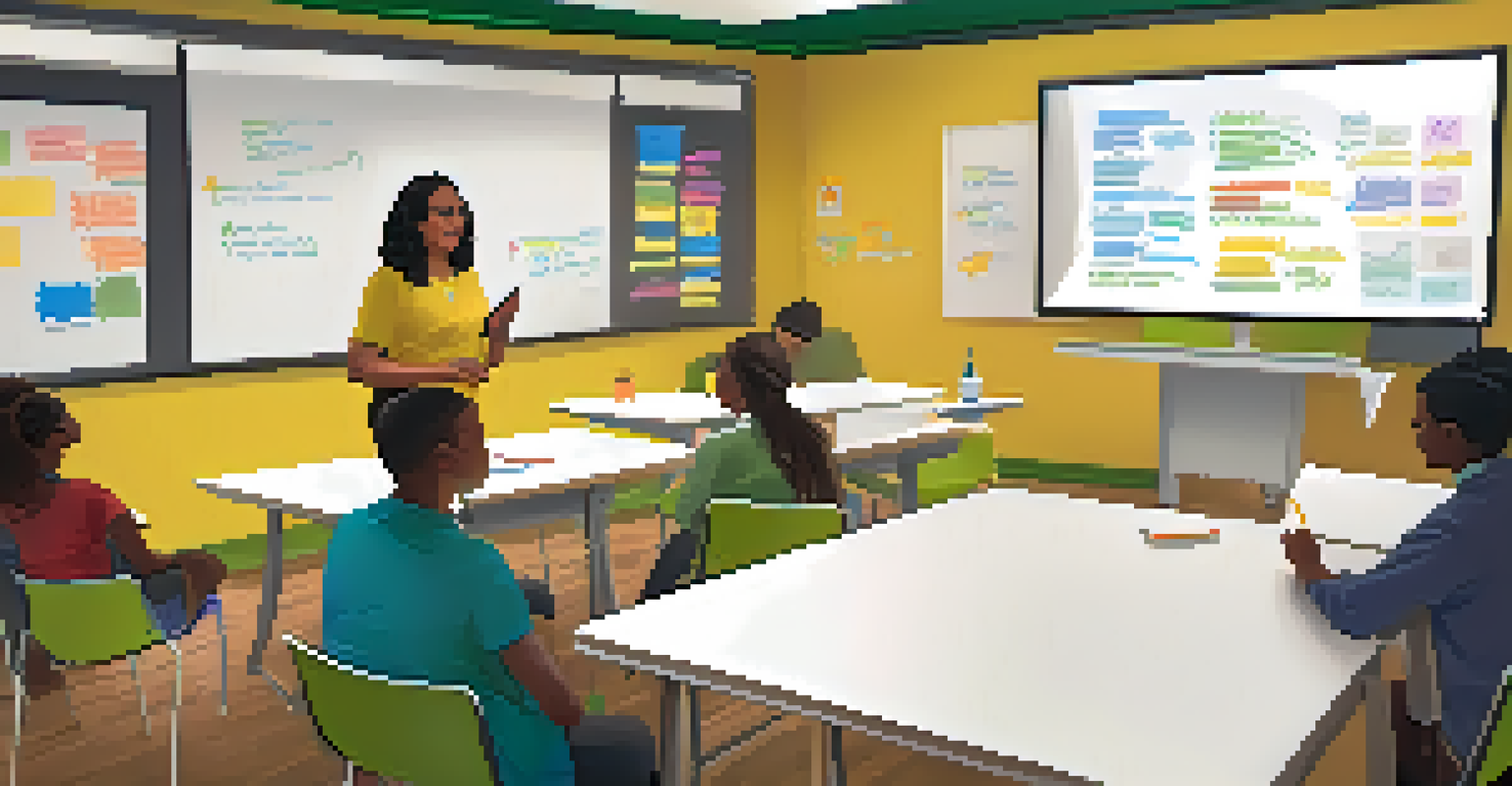 An educational workshop with a facilitator presenting to engaged participants in a colorful classroom.