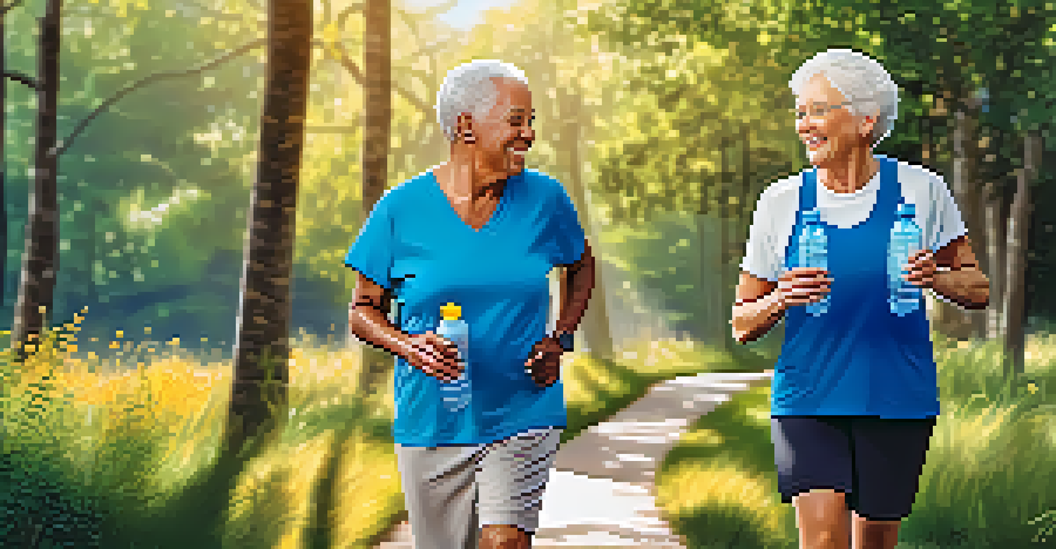 Two seniors walking together on a path, supporting each other in a fitness buddy system with smiles and water bottles.