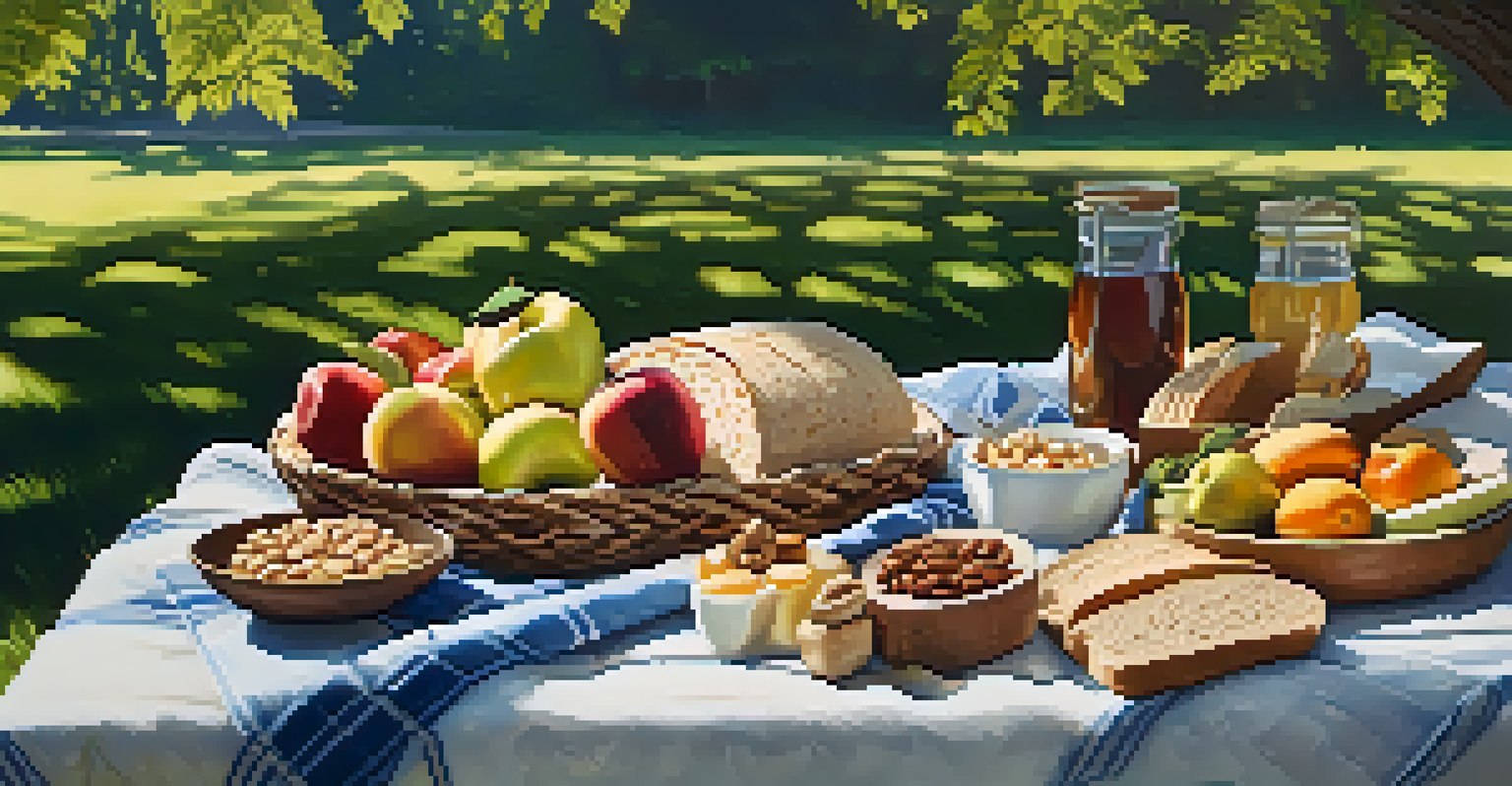 An inviting outdoor picnic with a blanket, healthy snacks, and dappled sunlight filtering through trees, creating a relaxing environment for mindful eating.