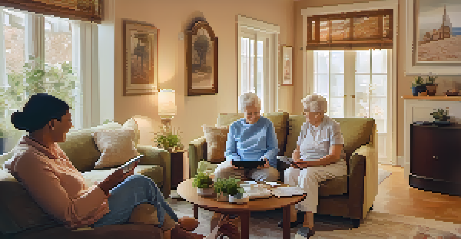 An elderly couple conversing with a healthcare provider in a cozy living room, with a tablet displaying vaccination information.
