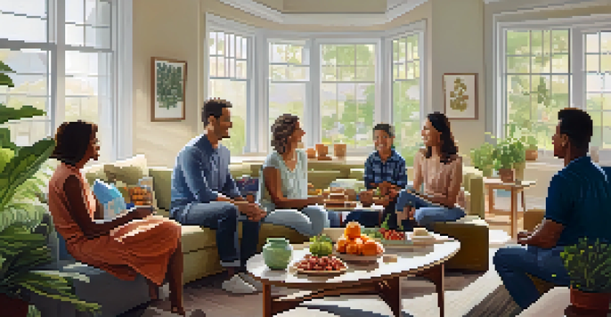A family gathering in a bright living room with sunlight, healthy snacks, and family photos on the walls.